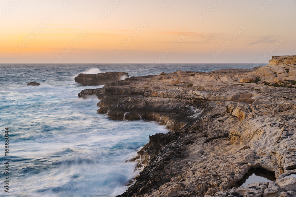 Gozo Island coastline during the spring storm. Dwejra, Maltese archipelago