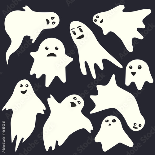 Funny scary white emotional ghost characters on dark blue background. Isolated vector holiday spooky monsters set
