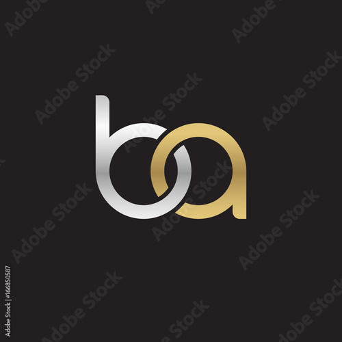 Initial lowercase letter ba, linked overlapping circle chain shape logo, silver gold colors on black background 