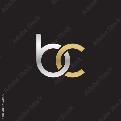 Initial lowercase letter bc, linked overlapping circle chain shape logo, silver gold colors on black background 