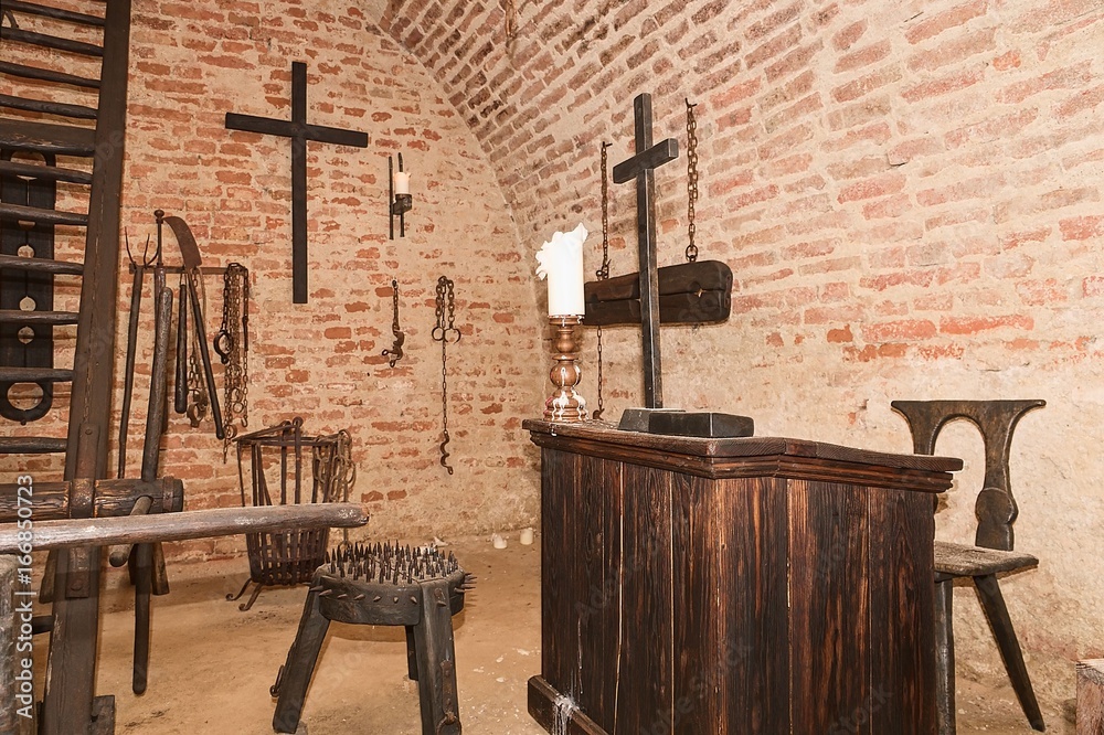 Inquisition torture chamber. Old medieval torture chamber with many