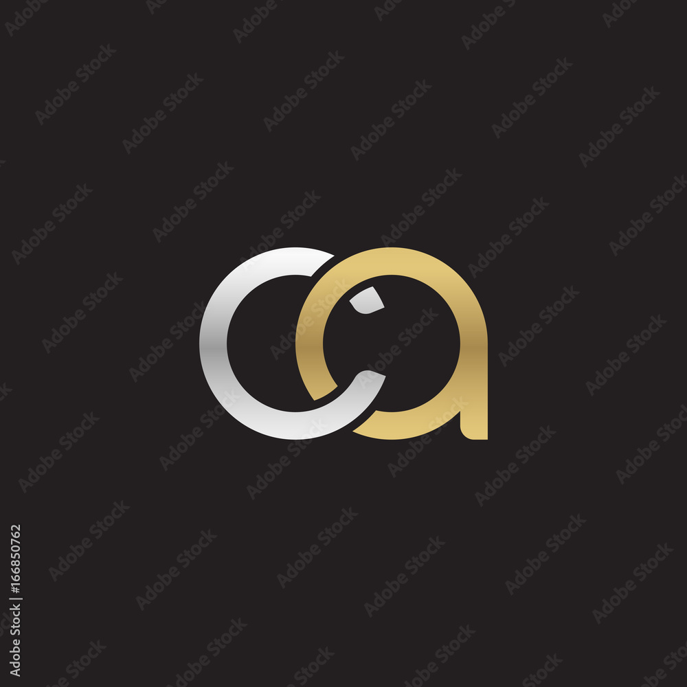 Initial lowercase letter ca, linked overlapping circle chain shape logo, silver gold colors on black background Initial lowercase letter ca, linked overlapping circle chain shape logo, silver gold colors on black background