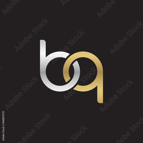 Initial lowercase letter bq, linked overlapping circle chain shape logo, silver gold colors on black background 