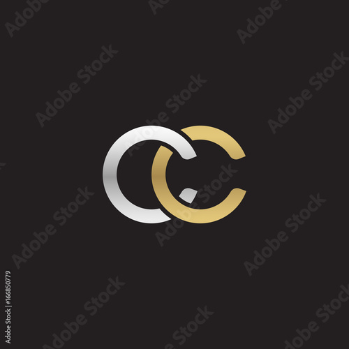 Initial lowercase letter cc, linked overlapping circle chain shape logo, silver gold colors on black background