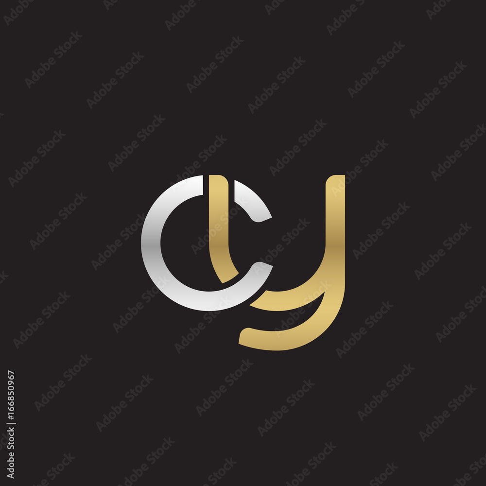Initial lowercase letter cy, linked overlapping circle chain shape logo, silver gold colors on black background Initial lowercase letter cy, linked overlapping circle chain shape logo, silver gold colors on black background