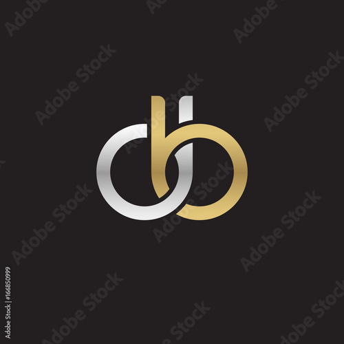 Initial lowercase letter db, linked overlapping circle chain shape logo, silver gold colors on black background