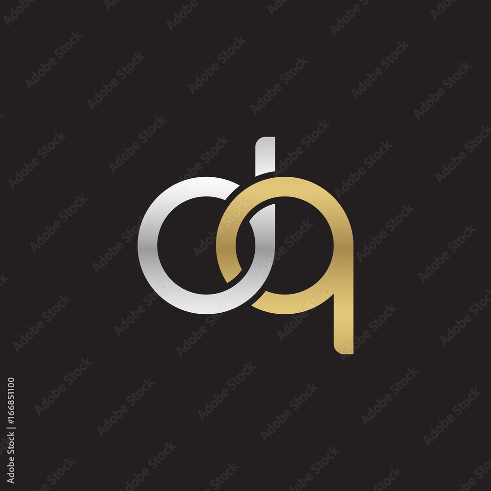 Initial lowercase letter dq, linked overlapping circle chain shape logo, silver gold colors on black background Initial lowercase letter dq, linked overlapping circle chain shape logo, silver gold colors on black background