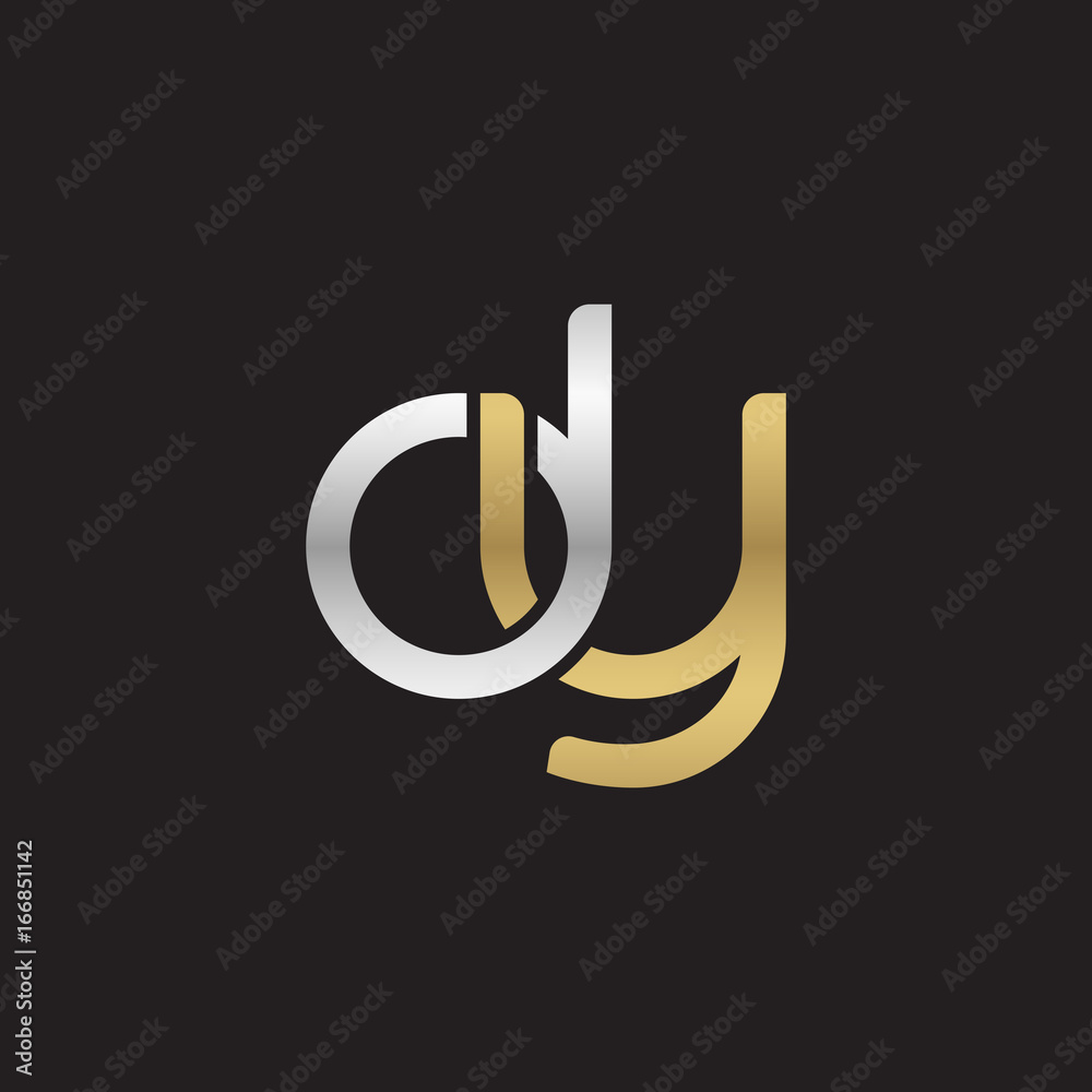 Initial lowercase letter dy, linked overlapping circle chain shape logo, silver gold colors on black background Initial lowercase letter dy, linked overlapping circle chain shape logo, silver gold colors on black background