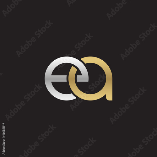 Initial lowercase letter ea, linked overlapping circle chain shape logo, silver gold colors on black background