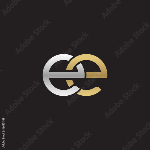 Initial lowercase letter ee, linked overlapping circle chain shape logo, silver gold colors on black background