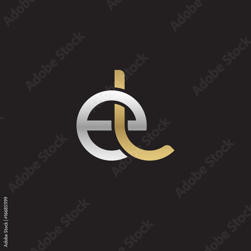 Initial lowercase letter el, linked overlapping circle chain shape logo, silver gold colors on black background