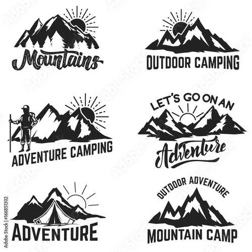 Set of mountains adventure  outdoor  camping  hiking  tourism labels  badges  emblems. Vector illustration