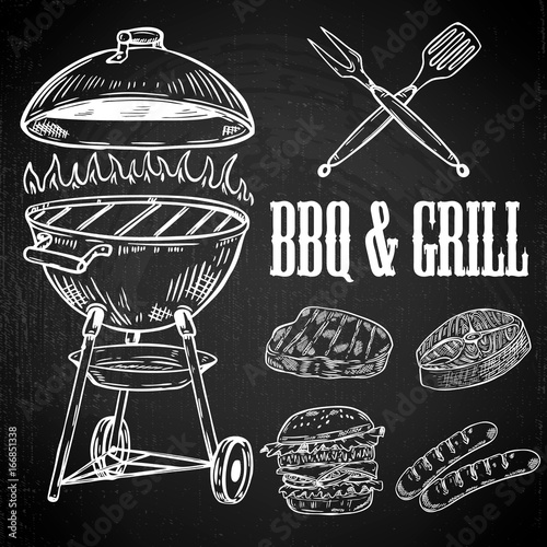 Hand drawn BBQ and Grill design elements. Grilled meat, burger, sausage. Design elements for menu, poster, label, emblem, sign. Vector illustration