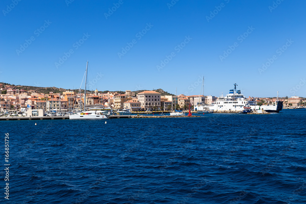 La Maddalena, Italy. View of the city and port from the sea side
