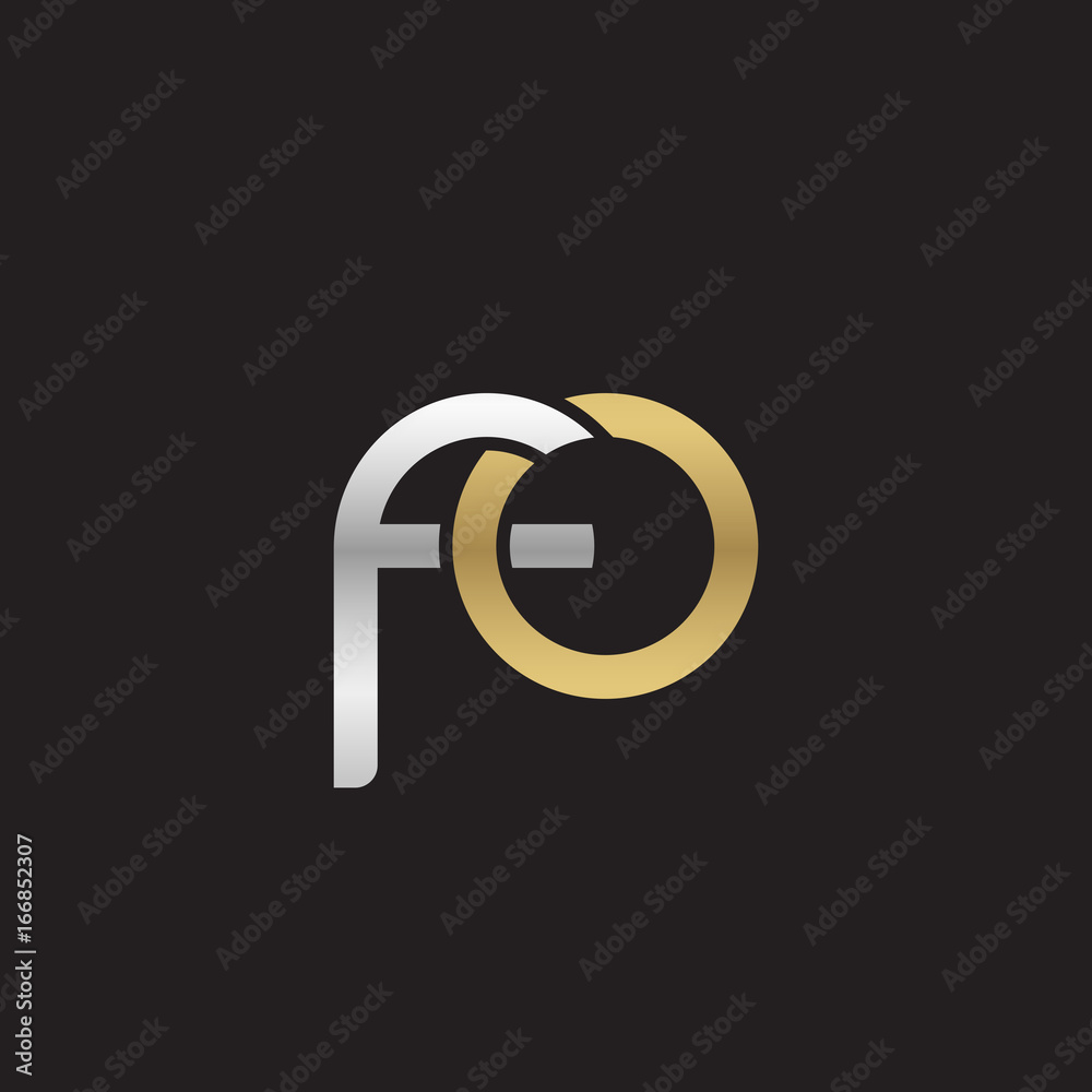 Initial lowercase letter fo, linked overlapping circle chain shape logo, silver gold colors on black background Initial lowercase letter fo, linked overlapping circle chain shape logo, silver gold colors on black background