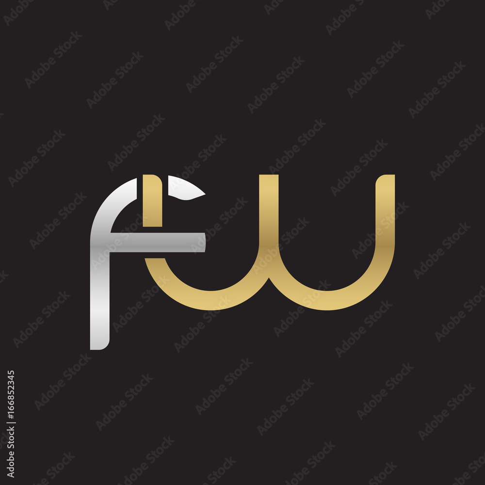 Initial lowercase letter fw, linked overlapping circle chain shape logo, silver gold colors on black background