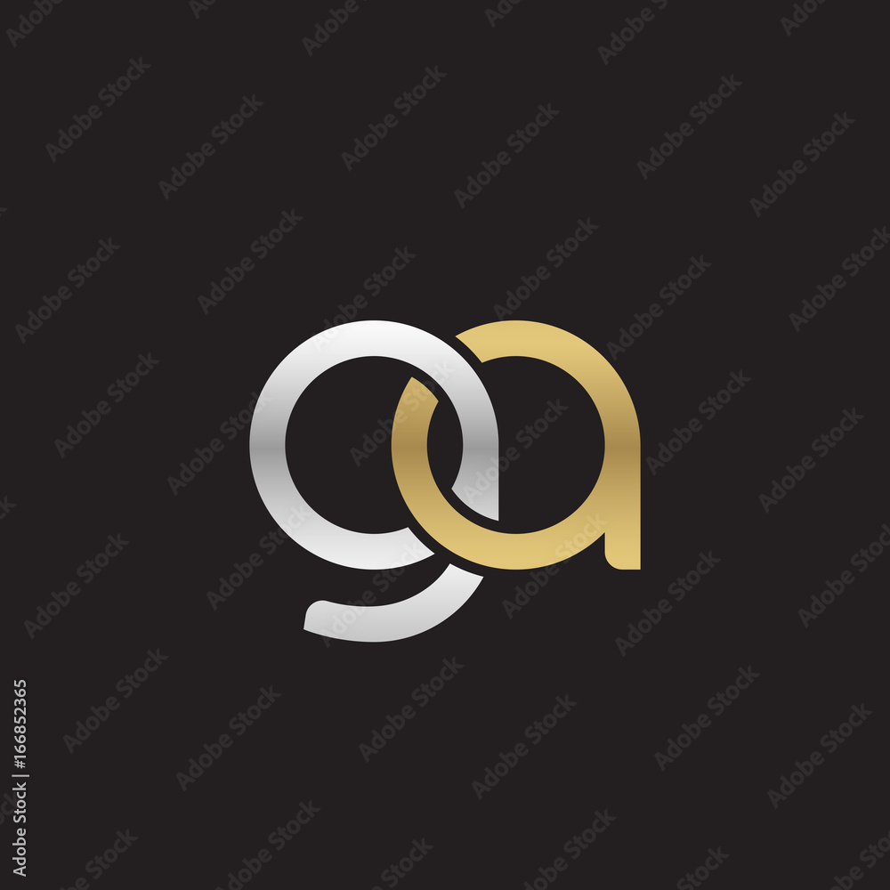 Initial lowercase letter ga, linked overlapping circle chain shape logo, silver gold colors on black background Initial lowercase letter ga, linked overlapping circle chain shape logo, silver gold colors on black background