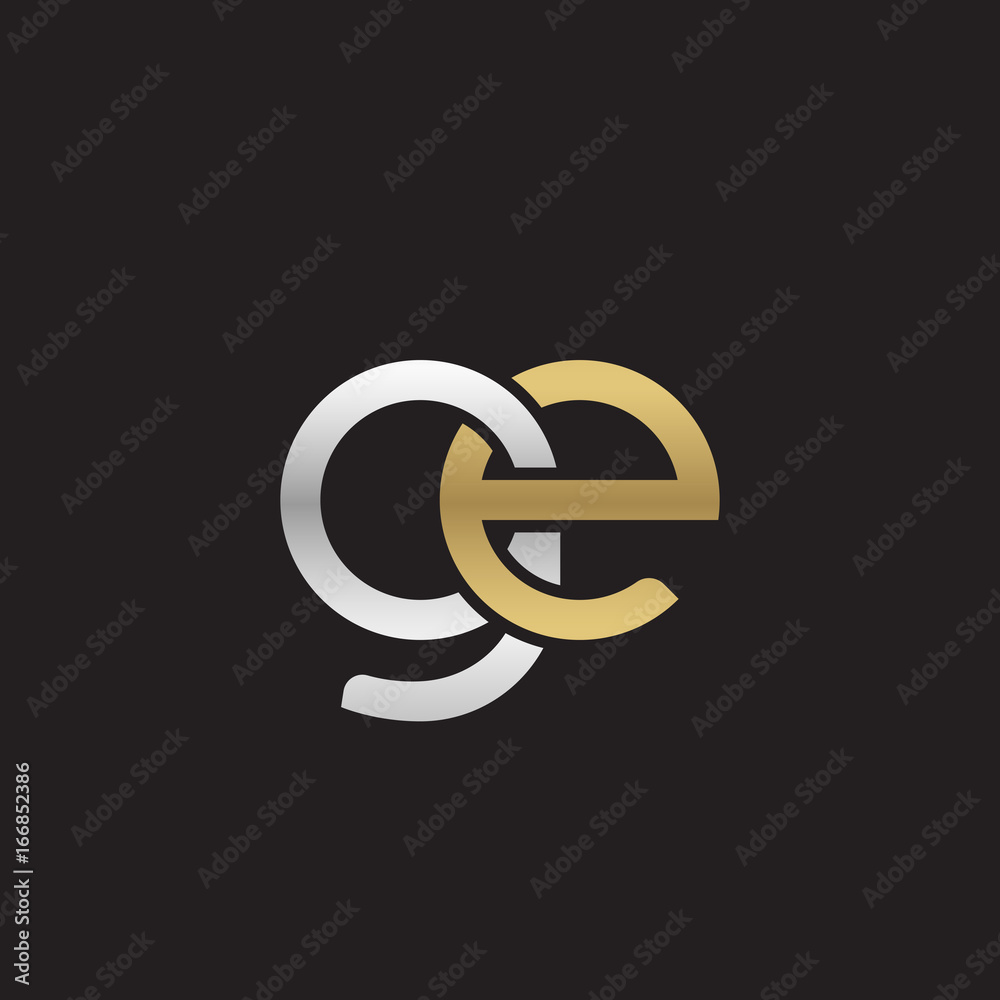 Initial lowercase letter ge, linked overlapping circle chain shape logo, silver gold colors on black background Initial lowercase letter ge, linked overlapping circle chain shape logo, silver gold colors on black background