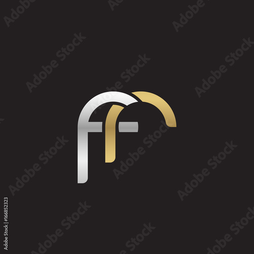 Initial lowercase letter fr, linked overlapping circle chain shape logo, silver gold colors on black background