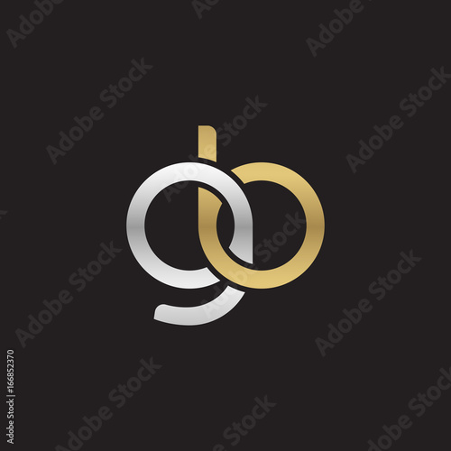 Initial lowercase letter gb, linked overlapping circle chain shape logo, silver gold colors on black background