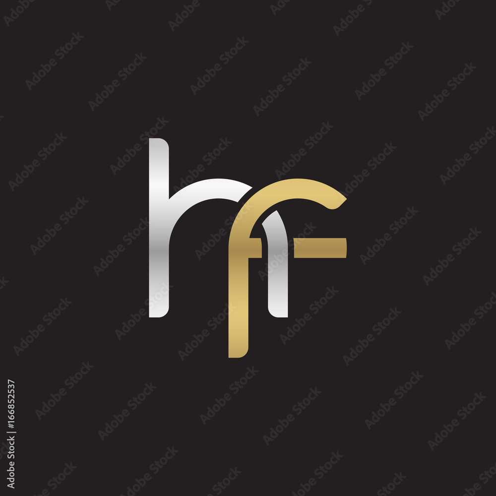 Initial lowercase letter hf, linked overlapping circle chain shape logo, silver gold colors on black background Initial lowercase letter hf, linked overlapping circle chain shape logo, silver gold colors on black background