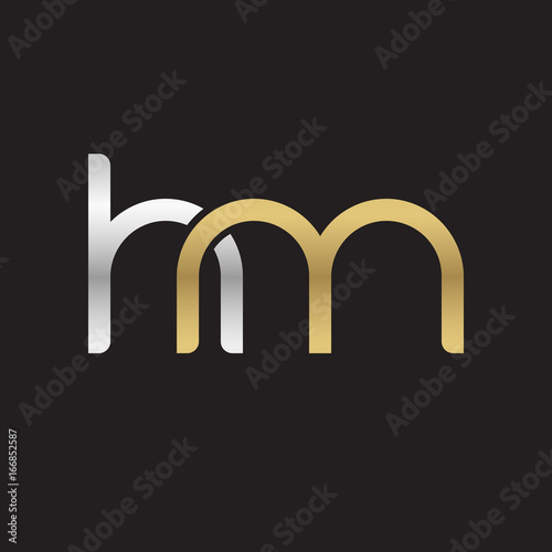 Initial lowercase letter hm, linked overlapping circle chain shape logo, silver gold colors on black background
