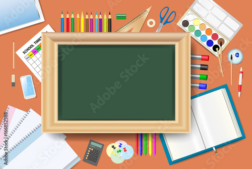 Blank green chalkboard in the centre of the vector  is surrounded by school equipment. 