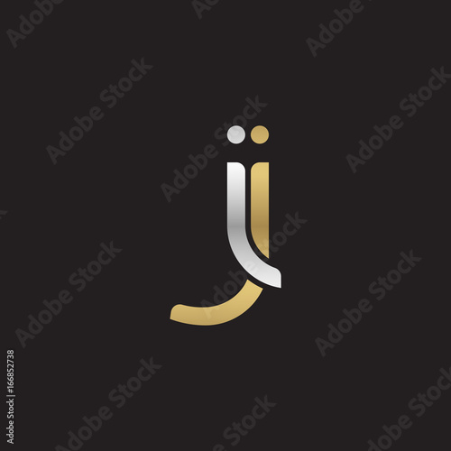 Initial lowercase letter ij, linked overlapping circle chain shape logo, silver gold colors on black background