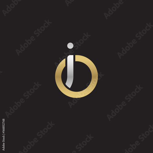 Initial lowercase letter io, linked overlapping circle chain shape logo, silver gold colors on black background