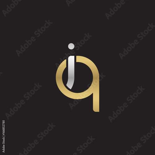 Initial lowercase letter iq, linked overlapping circle chain shape logo, silver gold colors on black background
