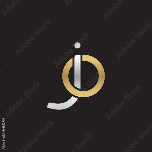 Initial lowercase letter jo, linked overlapping circle chain shape logo, silver gold colors on black background
