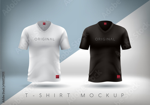 White and Black t-shirt realistic mock up.T-shirt design slim-fitting with V-neck. Vector illustration