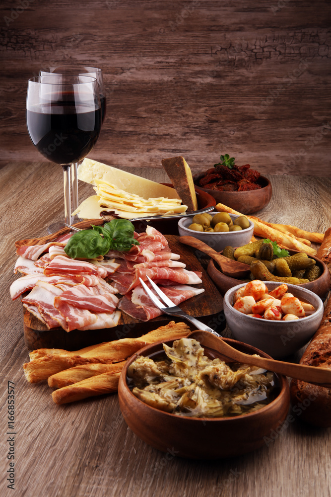 Italian antipasti wine snacks set. Cheese variety, Mediterranean Italian antipasti wine snacks set. Cheese variety, Mediterranean
