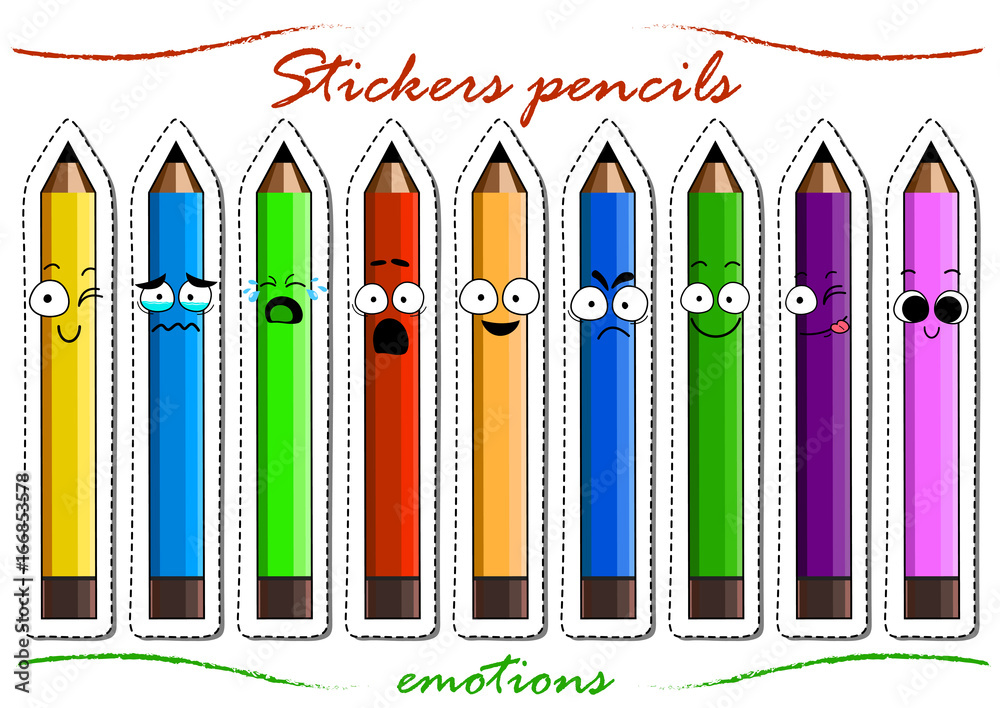 Cartoon pencil cute character face isolated vector illustration. Funny