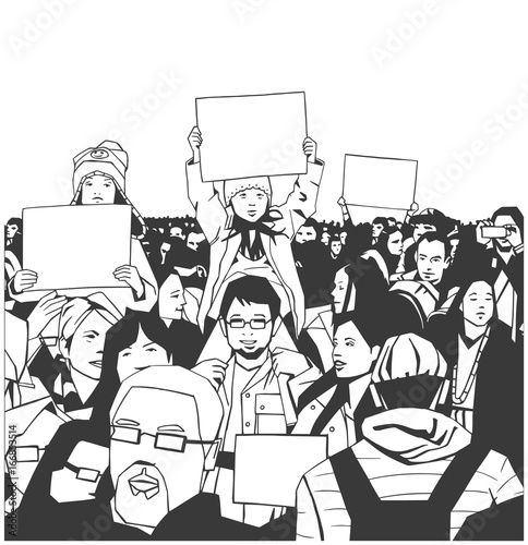 Illustration of peaceful crowd protest with childern and elderly with blank signs