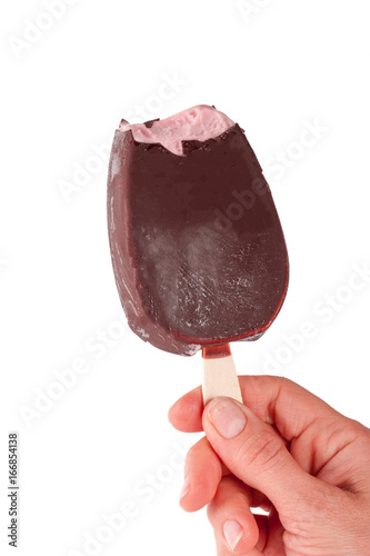 Ice cream fruity with chocolate in hand isolated on white background