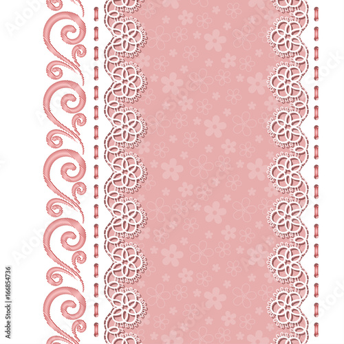 Background for greeting card or invitation with lace borders and embroidery. Vector Illustration