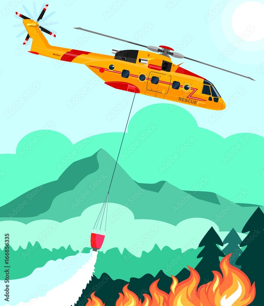 Rescue helicopter extinguishes the fire forest with water bucket vector illustration
