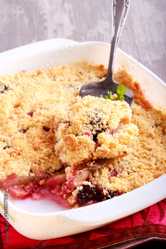 Blackberry and pear crumble cake