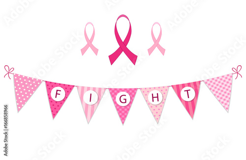 Pink bunting Breast Cancer Awareness and pink ribbons isolated on white background