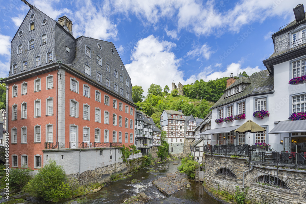 River Rur at Monschau with View to castle Ruin/ Germany