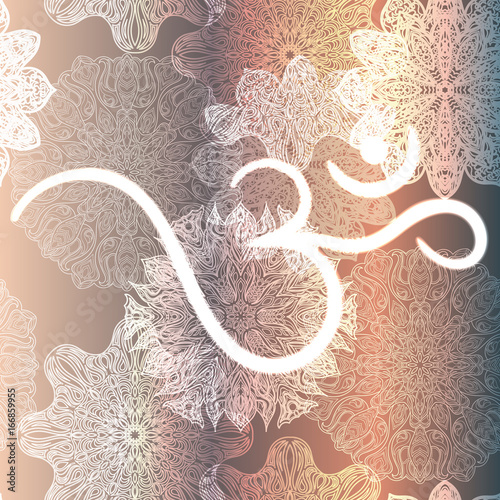 Ornate floral seamless texture, endless pattern with glowing bright mandala elements and ohm symbol
