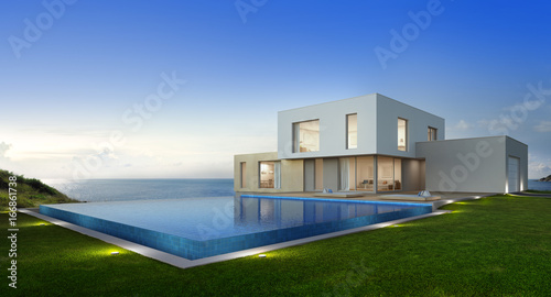 Luxury beach house with sea view swimming pool and terrace in modern design, Vacation home for big family - 3d rendering of new residential building © terng99