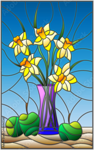 Fototapeta Naklejka Na Ścianę i Meble -  Illustration in stained glass style with bouquets of Narcissus flowers in a blue vase and apples on table on blue background