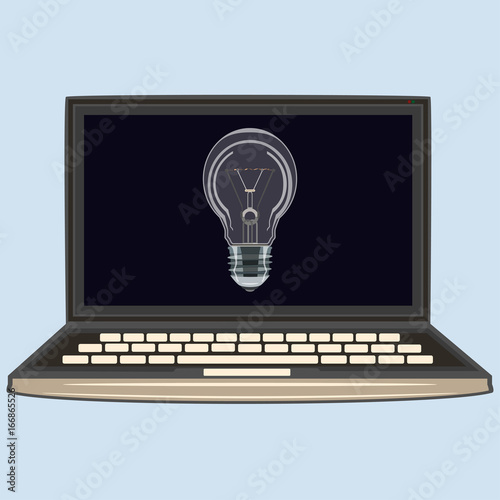 Laptop with light bulb vector flat illustration photo