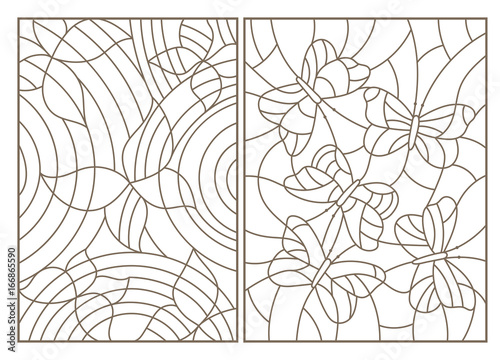 Set contour illustrations in the stained glass style butterflies