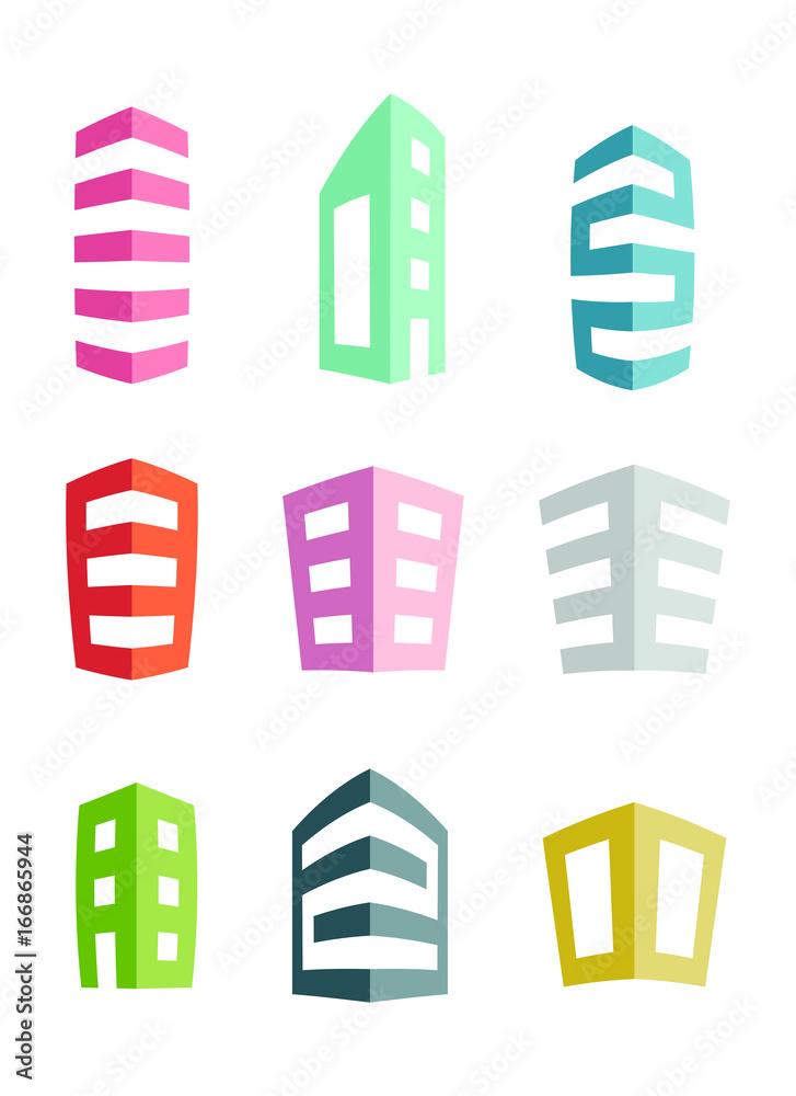 Obraz premium Buildings icons in isolated on white background, Set of different buildings