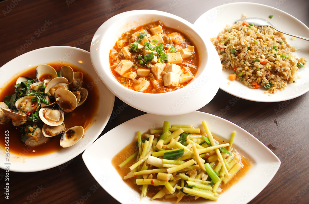 Four chinese food,Yangzhou fried rice ,Stir fried Bamboo shoots,Mapo doufu,Fried clams with basil Four chinese food,Yangzhou fried rice ,Stir fried Bamboo shoots,Mapo doufu,Fried clams with basil