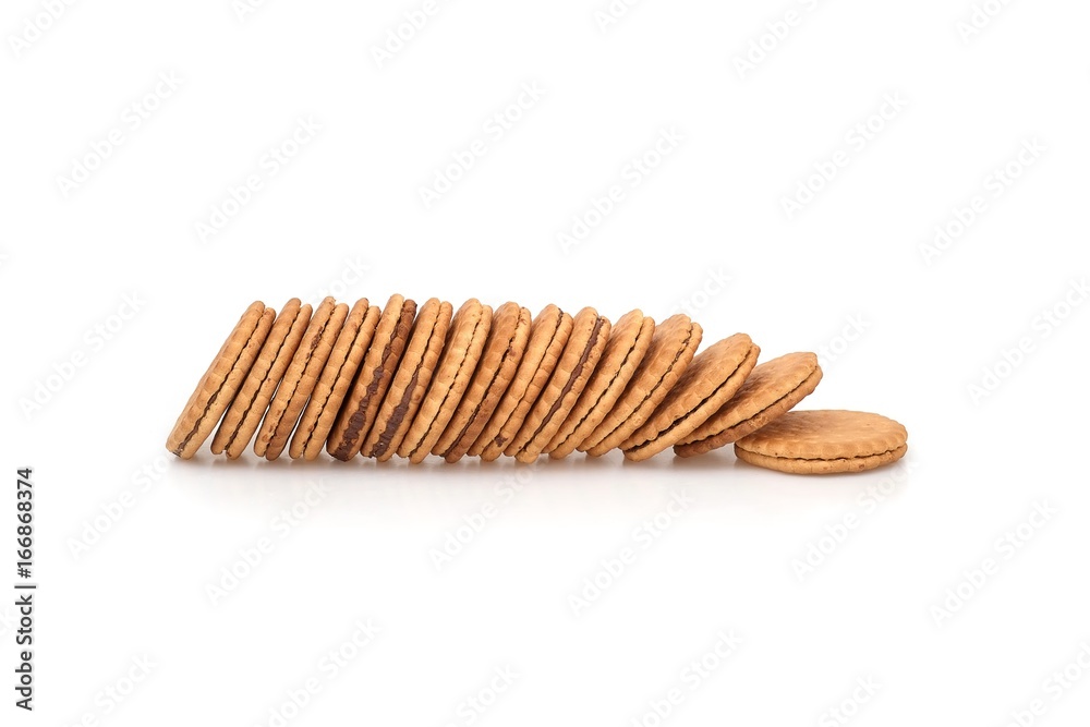 Round biscuits with chocolate filling on a white background Round biscuits with chocolate filling on a white background