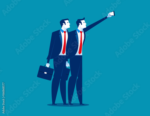 Young business people taking selfie. Concept business vector illustration.